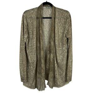 Elena Baldi Made In Italy Classic Neutral Open Front Silk Trim Cardigan XL Tan